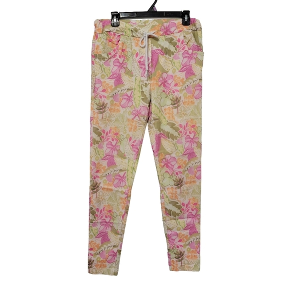 Women's Floral Pull On Pants Approx Size 12/14‎ Made In Italy Comfy Soft Mature